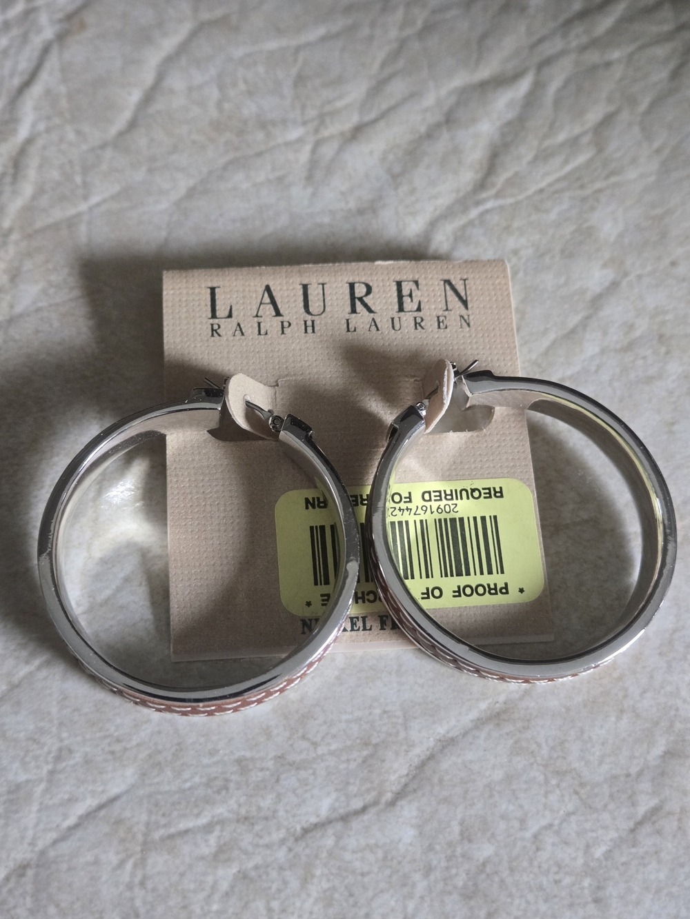 Lauren Ralph Lauren Silver Hoop Earrings with Brown Leather Accent